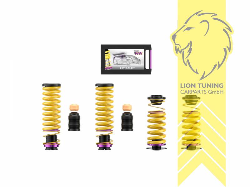 gelb, Bei erhöhten Rad-Sturz Werten an der Vorderachse empfehlen wir bei den ausgewiesenen Fahrzeugen ( - siehe KW Zubehör - ) die stufenlos einstellbare Sturzkorrektur, VA   HA höhenverstellbar (Federnsatz bestehend aus VA HA Federn mit Höhenverstellung, kann ausschließlich mit Seriendämpfern verwendet werden), Chrom-Silizium-Stahl, Eintragungspflichtig / Teilegutachten liegt bei