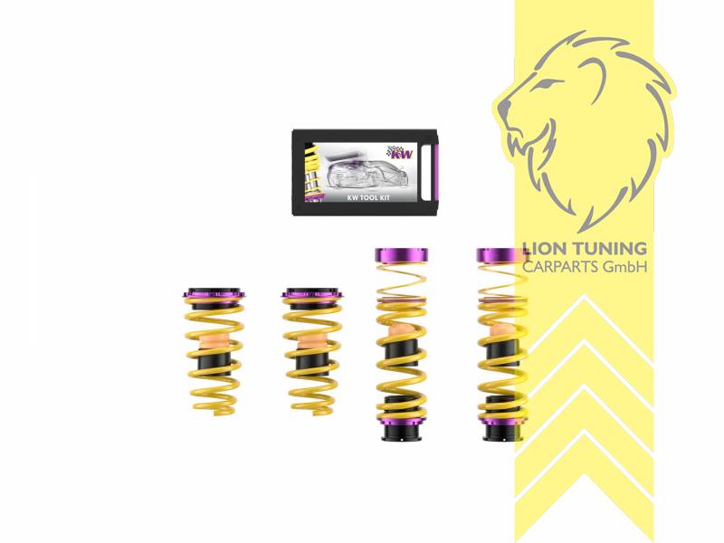 gelb, VA   HA höhenverstellbar (Federnsatz bestehend aus VA HA Federn mit Höhenverstellung, kann ausschließlich mit Seriendämpfern verwendet werden), Bei Fahrzeugen mit werksseitiger Tieferlegung reduziert sich die angegebene Tieferlegung um die der werksseitigen Tieferlegung., Chrom-Silizium-Stahl, Eintragungspflichtig / Teilegutachten liegt bei