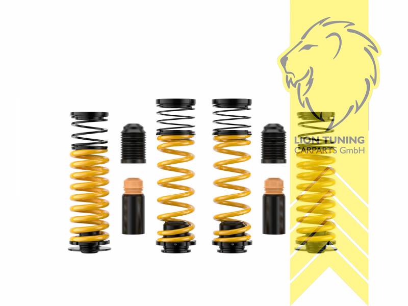 Nur für Fahrzeuge mit elektronischer Dämpferregelung, nicht für Fahrzeuge mit Luftfederung, gelb, VA   HA höhenverstellbar (Federnsatz bestehend aus VA HA Federn mit Höhenverstellung, kann ausschließlich mit Seriendämpfern verwendet werden), Chrom-Silizium-Stahl, Eintragungspflichtig / Teilegutachten liegt bei