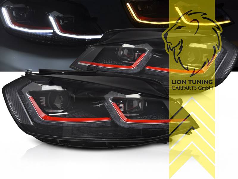 dynamischer LED Blinker, schwarz, mit Welcome Funktion, nur passend für Fahrzeuge mit original Halogen Scheinwerfern, LED Abblendlicht / LED Fernlicht, rot, Eintragungsfrei / mit R87 Zulassung als Tagfahrlicht, Eintragungsfrei / mit E-Prüfzeichen