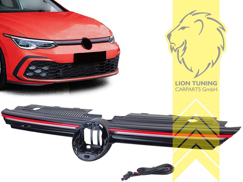 mit Emblemaufnahme, schwarz glänzend, rot, inkl. LED Tagfahrlicht, ABS Kunststoff, Eintragungsfrei / als Ersatzteil verwendbar, Eintragungsfrei / mit E-Prüfzeichen