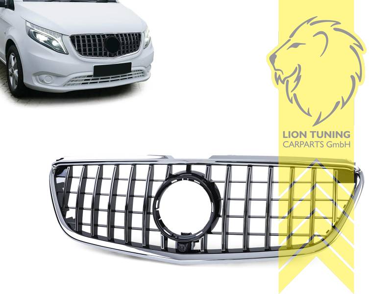 Original Mercedes Emblem wird übernommen, schwarz glänzend, chrom, nicht passend für Fahrzeuge mit fest integriertem Grill in der Stoßstange, nicht passend für V-Klasse, auch für Modelle mit Kamera-System, ABS Kunststoff, Eintragungsfrei / als Ersatzteil verwendbar