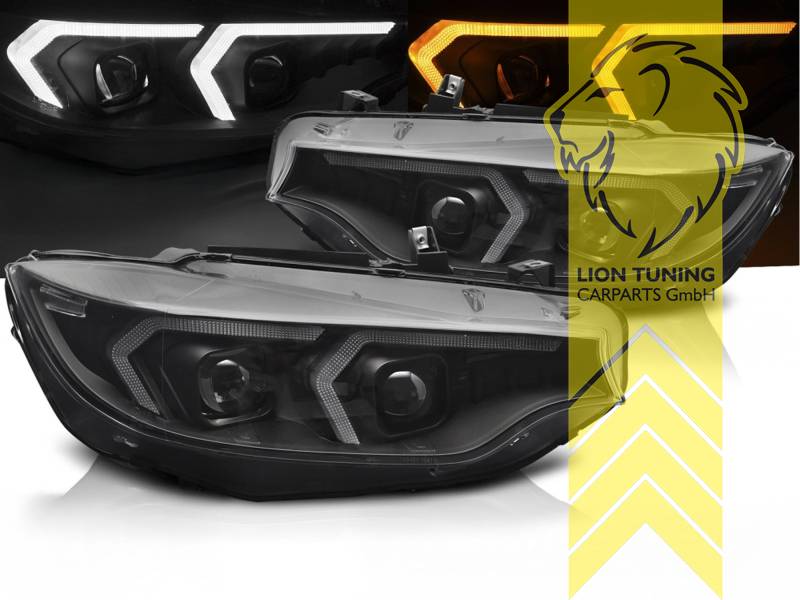 LED, mit LED Blinker, schwarz, nur passend für Fahrzeuge mit original Halogen Scheinwerfern, LED Abblendlicht / LED Fernlicht, elektrisch verstellbar - Stellmotor integriert, Eintragungsfrei / mit E-Prüfzeichen, Eintragungsfrei / mit R87 Zulassung als Tagfahrlicht