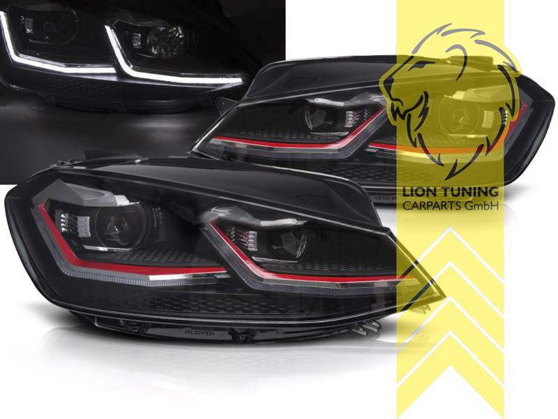 mit LED Blinker, Halogen, schwarz, mit roter Leiste, Abblendlicht H7 / Fernlicht H7, elektrisch verstellbar - Stellmotor integriert, Eintragungsfrei / mit E-Prüfzeichen, Eintragungsfrei / mit R87 Zulassung als Tagfahrlicht