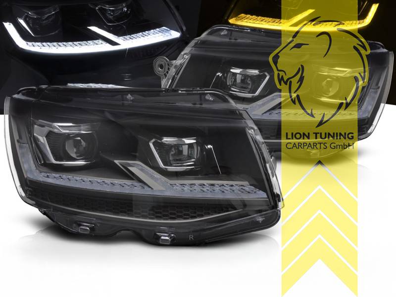 LED, mit LED Blinker, dynamischer LED Blinker, schwarz, nur passend für Fahrzeuge mit original Halogen Scheinwerfern, mit Welcome Funktion, LED Abblendlicht / LED Fernlicht, elektrisch verstellbar - Stellmotor integriert, Eintragungsfrei / mit E-Prüfzeichen, Eintragungsfrei / mit R87 Zulassung als Tagfahrlicht