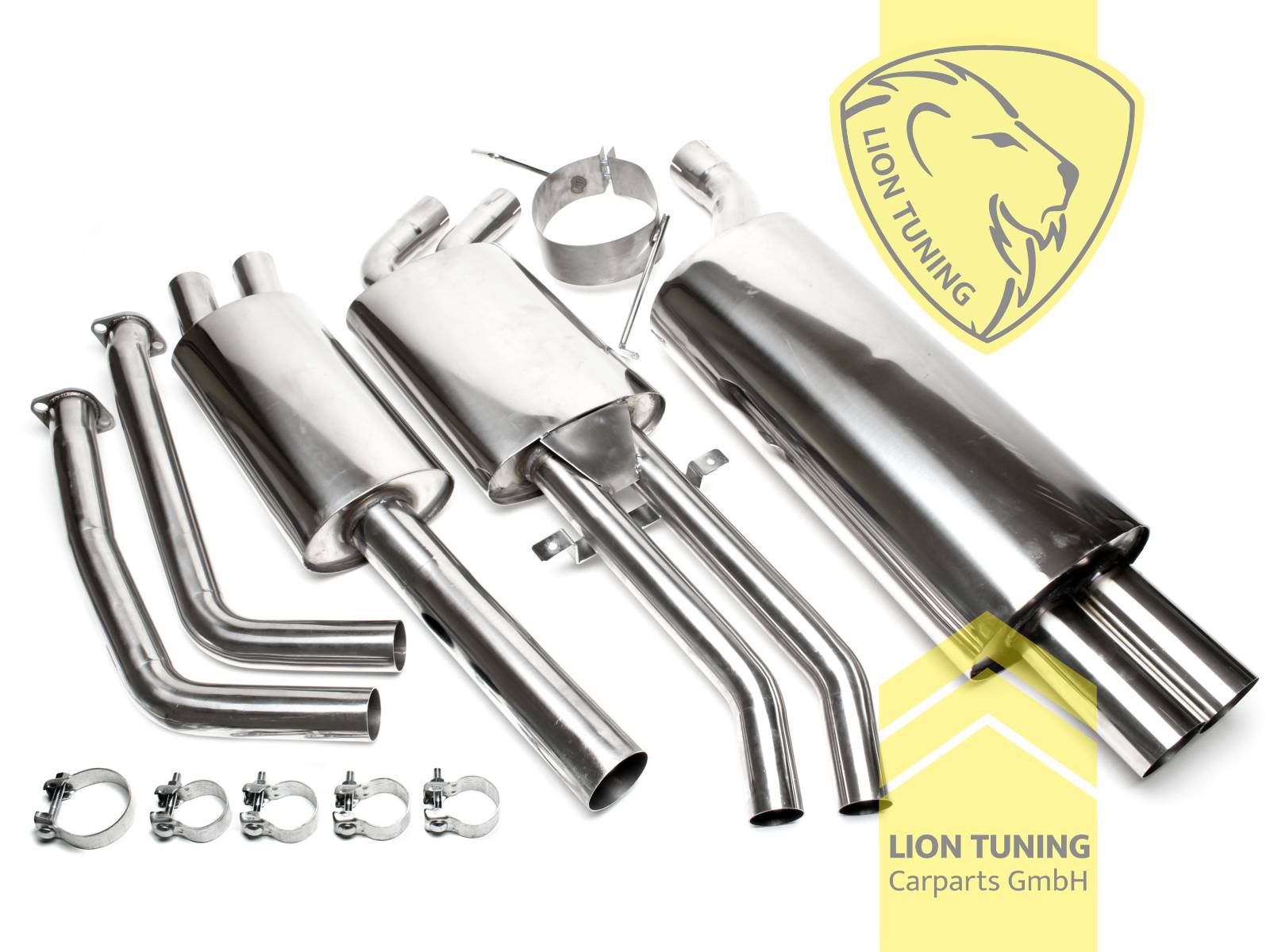 2 x 76mm scharf, Endrohr doppel, 76mm, Rund, nicht passend für M3, Compact, Diesel, Allrad, Nur passend für Motorcode M52, Edelstahl, nur passend für 6 Zylinder 320 110KW / 323i 125KW / 328i 142KW, Eintragungsfrei / mit ABE