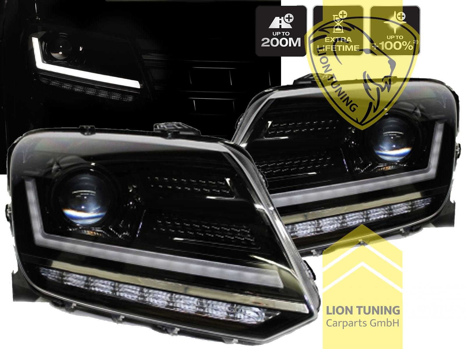 dynamischer LED Blinker, LED, schwarz, nur passend für Fahrzeuge mit original Halogen Scheinwerfern, LED Abblendlicht / LED Fernlicht, elektrisch verstellbar - Stellmotor integriert, Eintragungsfrei / mit E-Prüfzeichen, Eintragungsfrei / mit R87 Zulassung als Tagfahrlicht