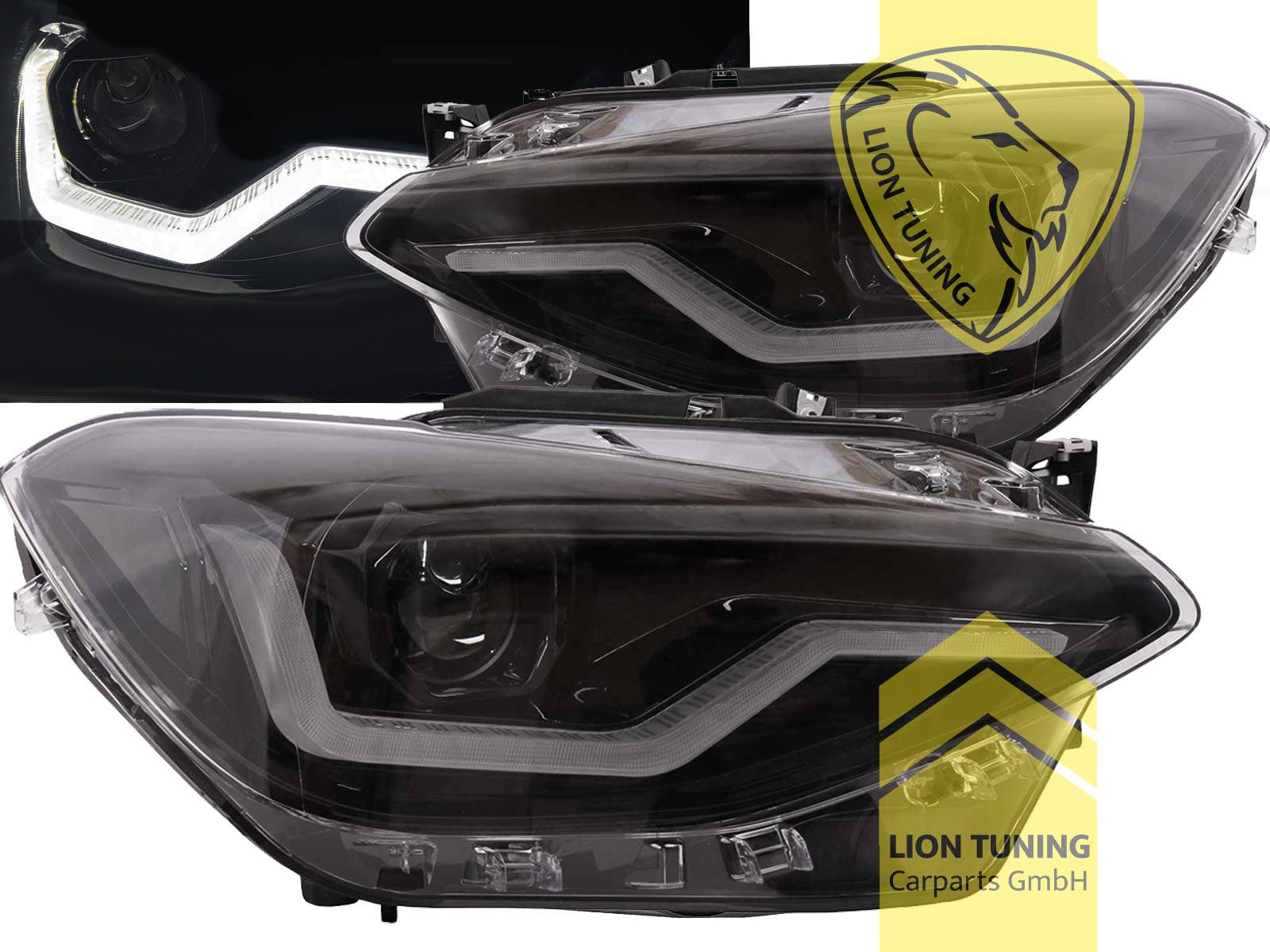 LED, mit LED Blinker, schwarz, weiß LED, nur passend für Fahrzeuge mit original Halogen Scheinwerfern, LED Abblendlicht / LED Fernlicht, elektrisch verstellbar - Stellmotor integriert, Eintragungsfrei / mit E-Prüfzeichen