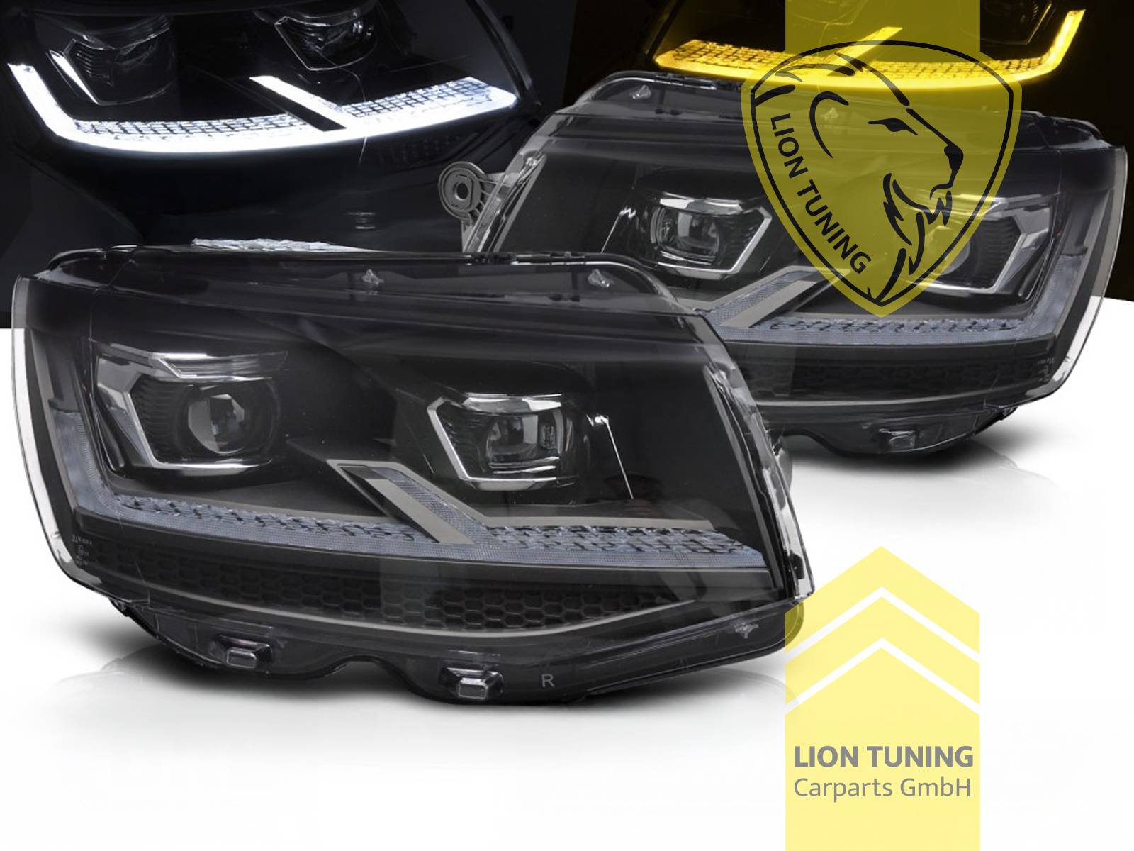 LED, mit LED Blinker, dynamischer LED Blinker, schwarz, nur passend für Fahrzeuge mit original Halogen Scheinwerfern, mit Welcome Funktion, LED Abblendlicht / LED Fernlicht, elektrisch verstellbar - Stellmotor integriert, Eintragungsfrei / mit E-Prüfzeichen, Eintragungsfrei / mit R87 Zulassung als Tagfahrlicht