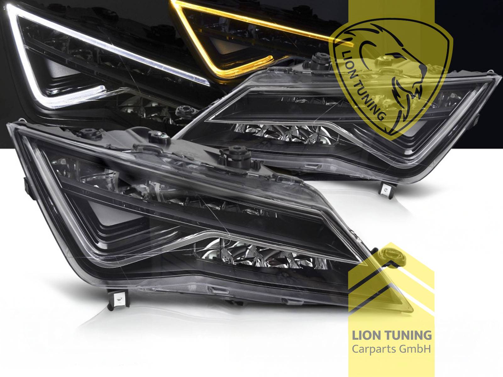 LED, mit LED Blinker, dynamischer LED Blinker, schwarz, nur passend für Fahrzeuge mit original Halogen Scheinwerfern, LED Abblendlicht / LED Fernlicht, elektrisch verstellbar - Stellmotor integriert, Eintragungsfrei / mit E-Prüfzeichen, Eintragungsfrei / mit R87 Zulassung als Tagfahrlicht