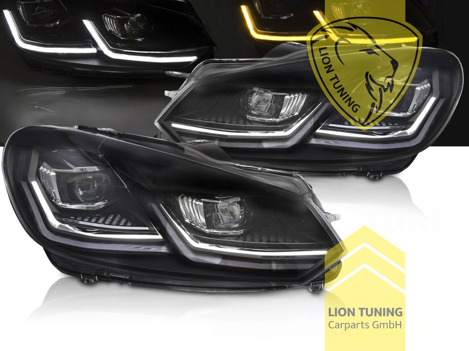LED, mit LED Blinker, dynamischer LED Blinker, schwarz, nur passend für Fahrzeuge mit original Halogen Scheinwerfern, LED Abblendlicht / LED Fernlicht, elektrisch verstellbar - Stellmotor integriert, Eintragungsfrei / mit E-Prüfzeichen, Eintragungsfrei / mit R87 Zulassung als Tagfahrlicht