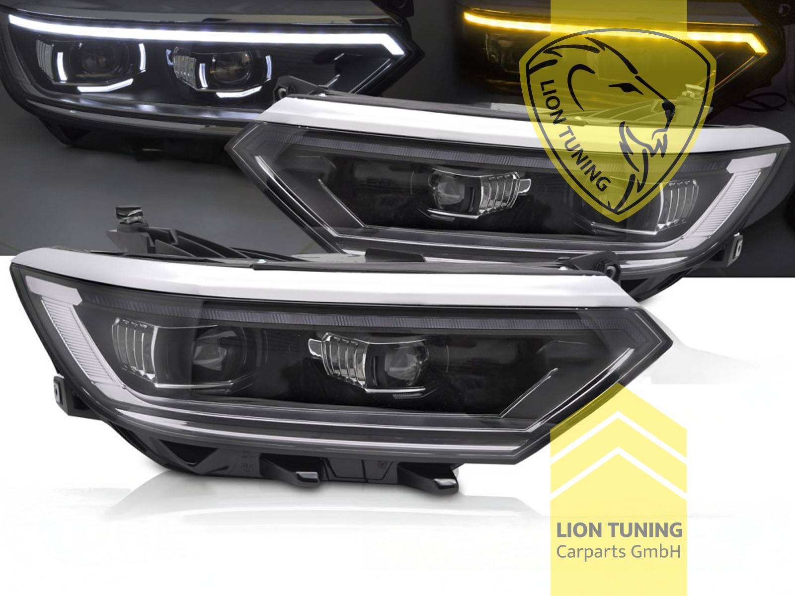 LED, mit LED Blinker, schwarz, nur passend für Fahrzeuge mit original Halogen Scheinwerfern, LED Abblendlicht / LED Fernlicht, elektrisch verstellbar - Stellmotor integriert, Eintragungsfrei / mit E-Prüfzeichen, Eintragungsfrei / mit R87 Zulassung als Tagfahrlicht
