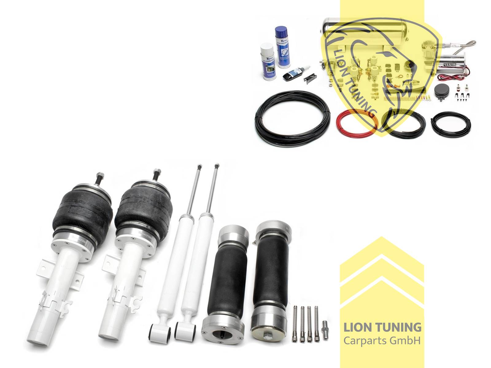11,5L Tank chrom / ViAir Kompressor chrom, fest, weiss, nicht passend für Quattro, Wir empfehlen die Verwendung kürzerer Koppelstangen, Stahl verzinkt, Eintragungspflichtig / Teilegutachten wird nach Kauf spezifisch ausgestellt