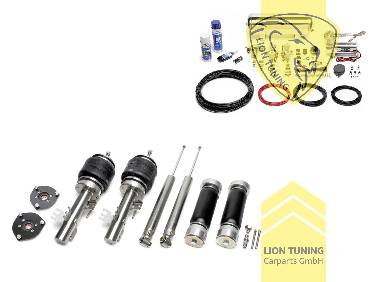 Audi A2 nicht 1.2 TDI Motorcode ANY, 11,5L Tank chrom / ViAir Kompressor chrom, Zug- und Druckstufe gleichzeitig einstellbar, weiss, nicht passend für Allrad, Wir empfehlen die Verwendung kürzerer Koppelstangen, Stahl verzinkt, Eintragungspflichtig / Teilegutachten wird nach Kauf spezifisch ausgestellt