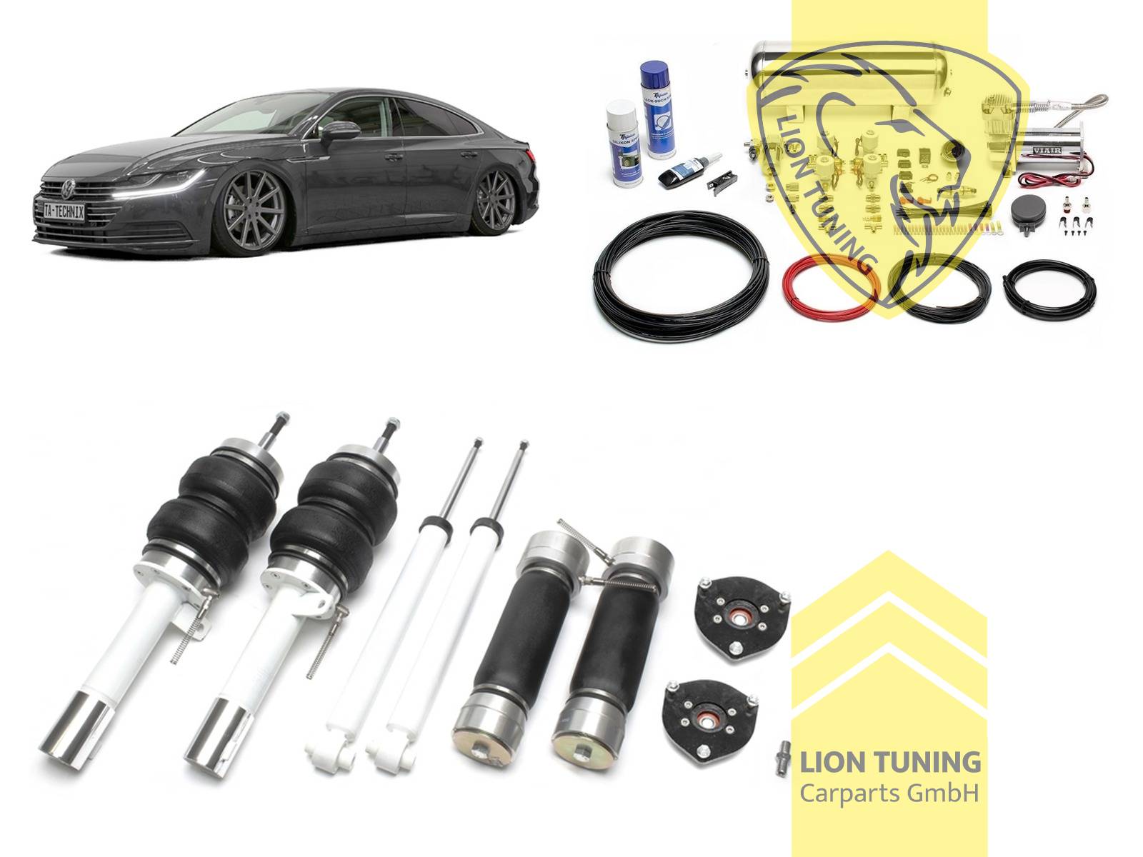 Nur für Fahrzeuge mit Mehrlenker-Hinterachse (Einzelradaufhängung)., 11,5L Tank chrom / ViAir Kompressor chrom, fest, weiss, Wir empfehlen die Verwendung kürzerer Koppelstangen, Für Fahrzeuge mit einem Federbeinklemmdurchmesser an der Vorderachse von 50mm oder 55mm ( Adapterhülse liegt bei ), auch für Allrad Modelle, Stahl verzinkt, Eintragungspflichtig / Teilegutachten wird nach Kauf spezifisch ausgestellt