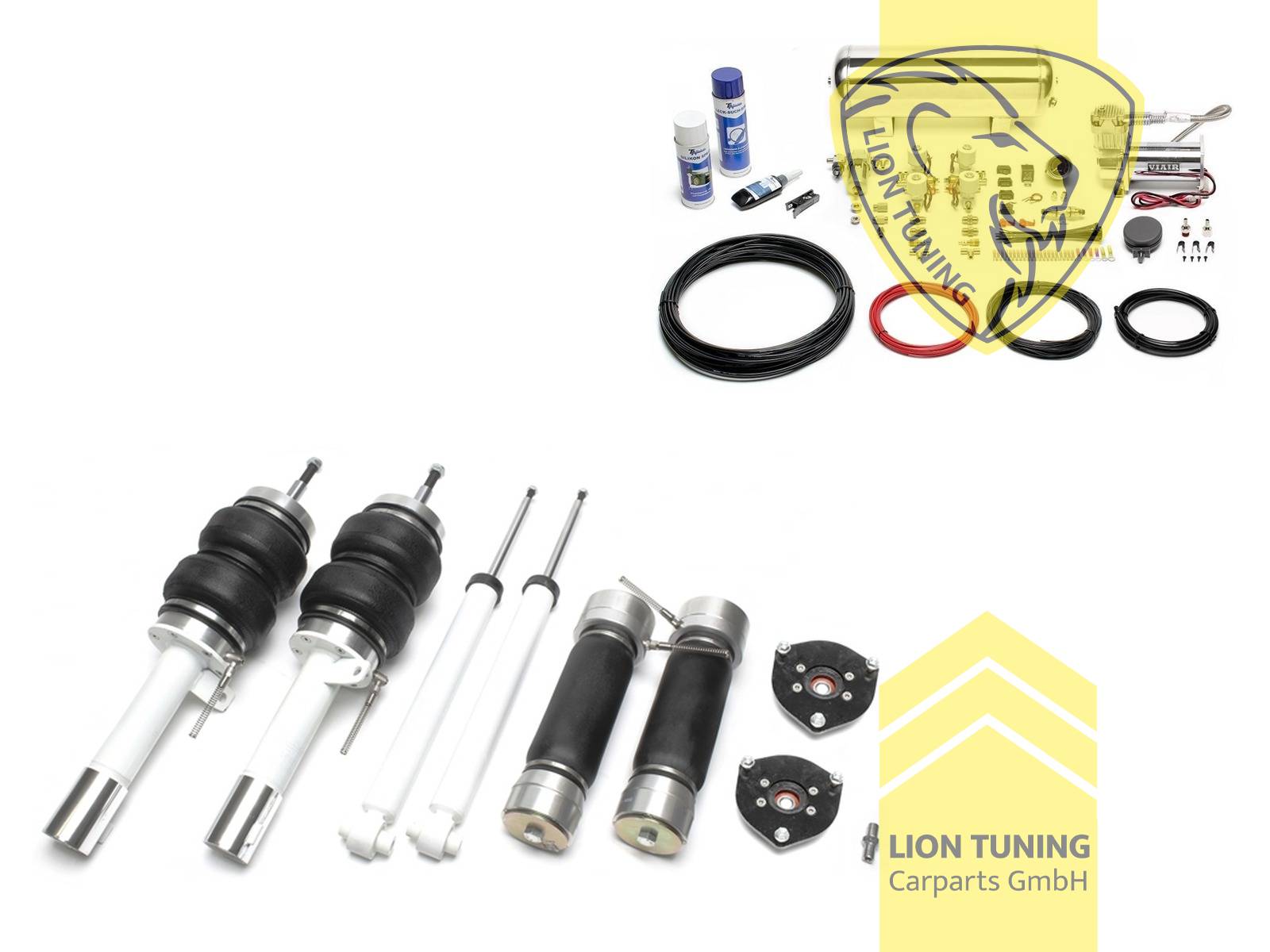 Nur für Fahrzeuge mit Mehrlenker-Hinterachse (Einzelradaufhängung)., 11,5L Tank chrom / ViAir Kompressor chrom, fest, weiss, Wir empfehlen die Verwendung kürzerer Koppelstangen, Für Fahrzeuge mit einem Federbeinklemmdurchmesser an der Vorderachse von 50mm oder 55mm ( Adapterhülse liegt bei ), auch für Allrad Modelle, Stahl verzinkt, Eintragungspflichtig / Teilegutachten wird nach Kauf spezifisch ausgestellt