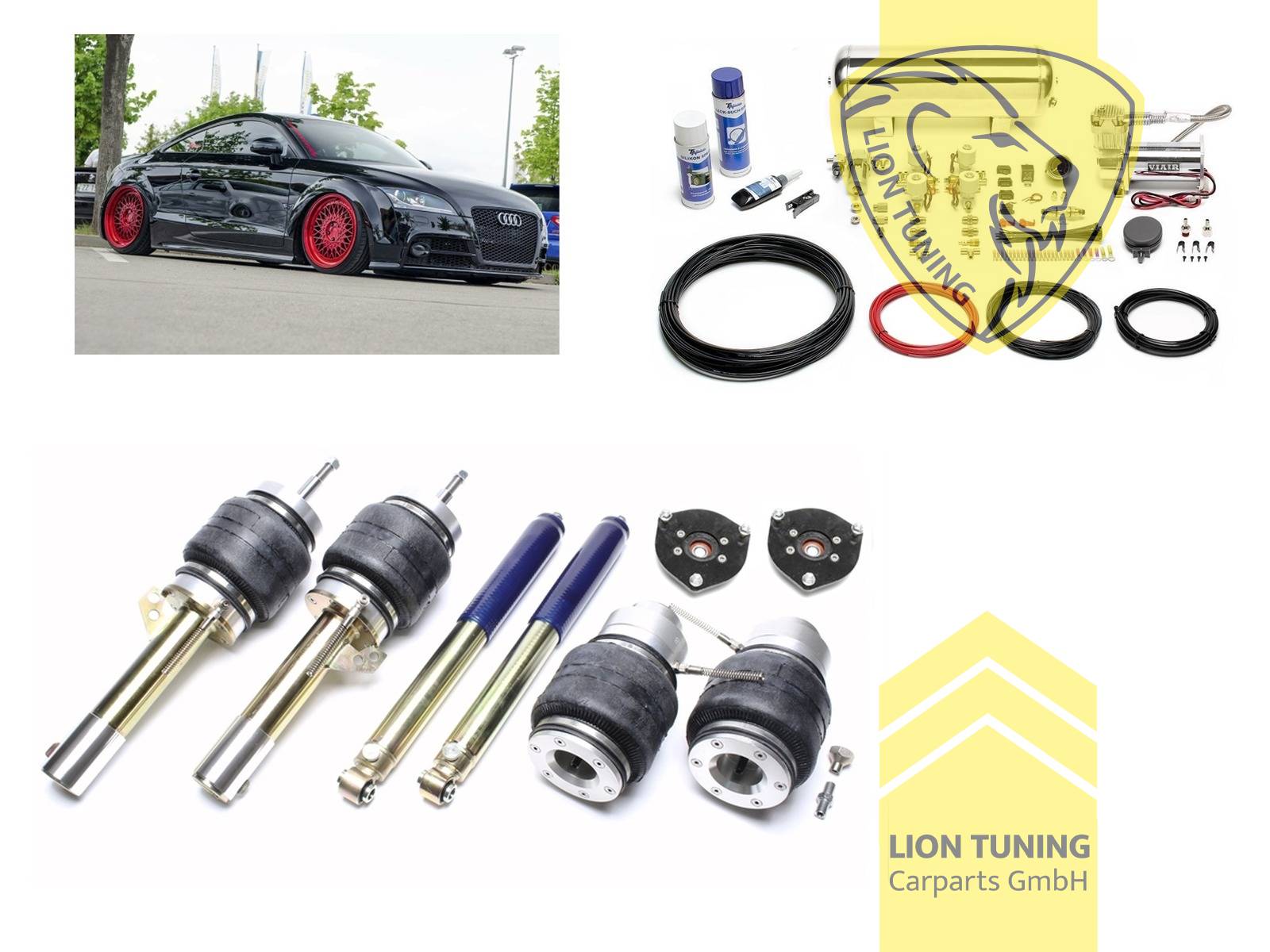 11,5L Tank chrom / ViAir Kompressor chrom, Zug- und Druckstufe gleichzeitig einstellbar, weiss, Wir empfehlen die Verwendung kürzerer Koppelstangen, Nicht passend bei Quattro Modellen, Stahl verzinkt, Eintragungspflichtig / Teilegutachten wird nach Kauf spezifisch ausgestellt