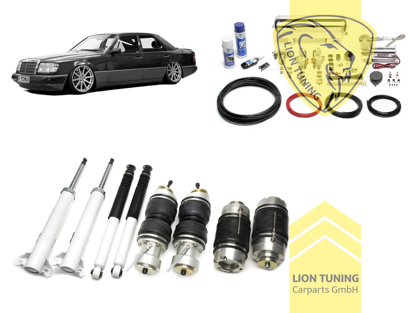 nicht für Modelle mit Niveauregulierung, 11,5L Tank chrom / ViAir Kompressor chrom, fest, weiss, nicht passend für 4-Matic, nicht für AMG-Modelle, Stahl verzinkt, Eintragungspflichtig / Teilegutachten wird nach Kauf spezifisch ausgestellt