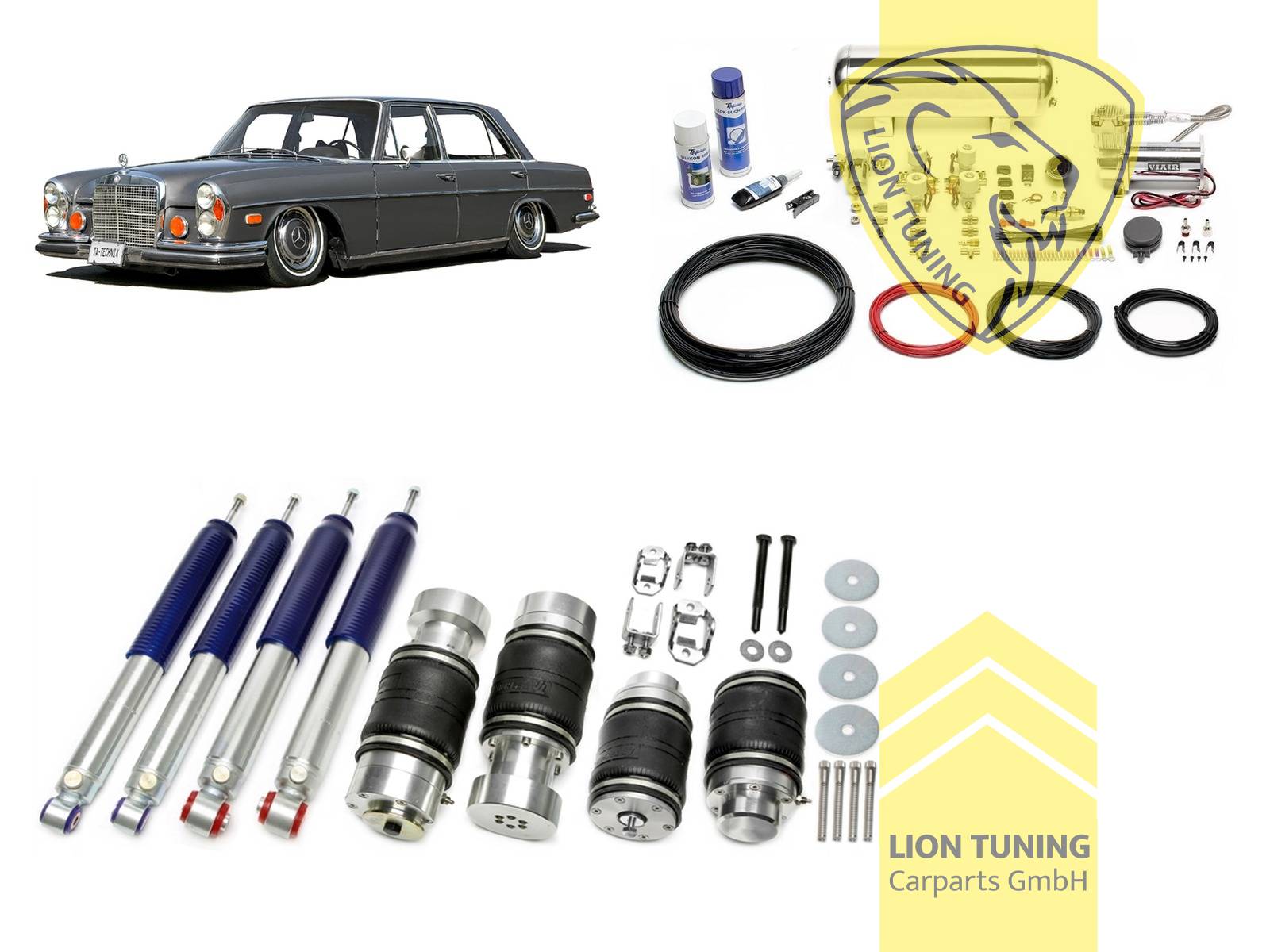 Nicht für Fahrzeuge mit Niveauregulierung / Luftfederung, 11,5L Tank chrom / ViAir Kompressor chrom, Zug- und Druckstufe gleichzeitig einstellbar, weiss, Stahl verzinkt, Eintragungspflichtig / Teilegutachten wird nach Kauf spezifisch ausgestellt