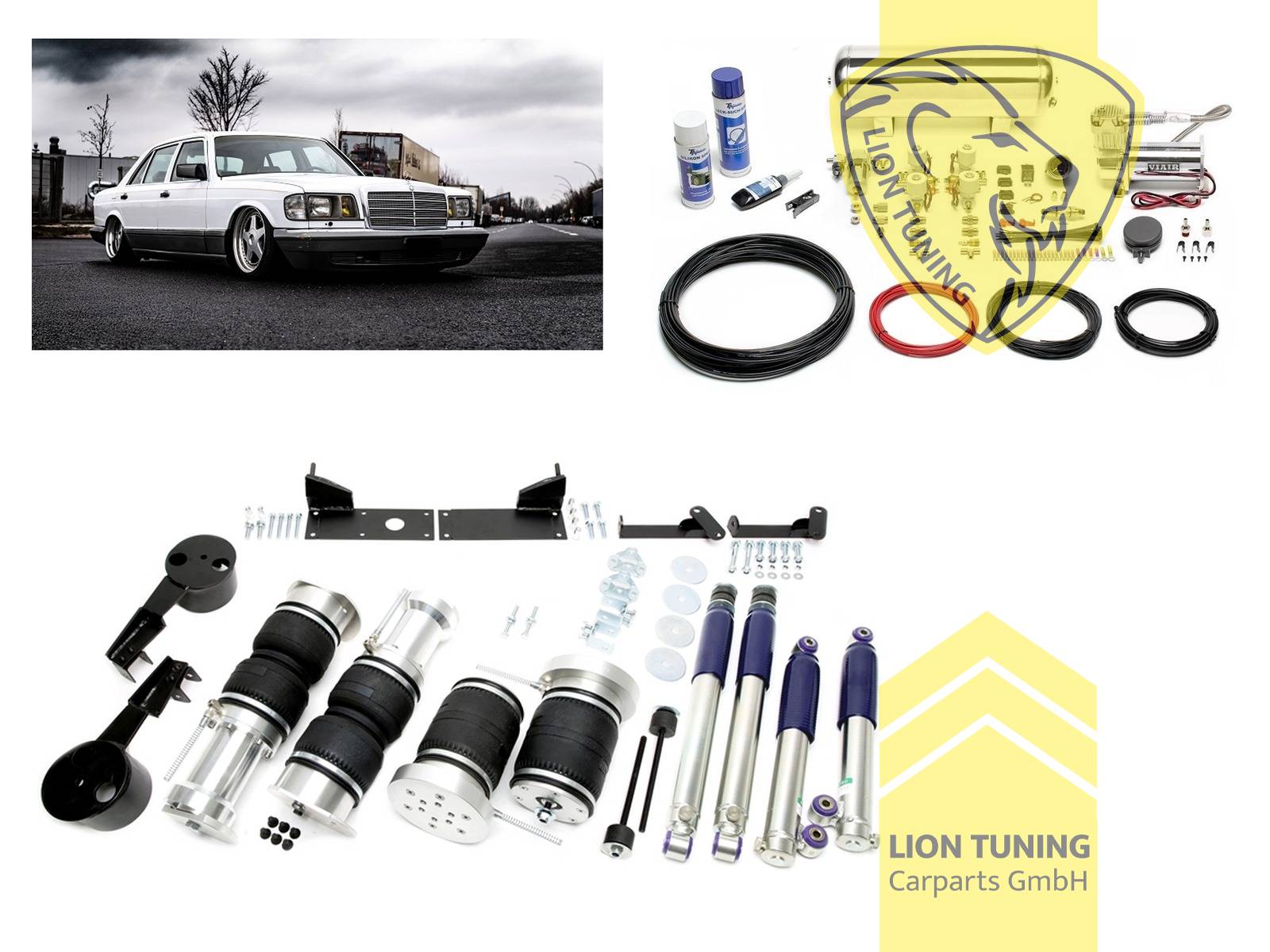 Nicht für Fahrzeuge mit Niveauregulierung / Luftfederung, 11,5L Tank chrom / ViAir Kompressor chrom, Zug- und Druckstufe gleichzeitig einstellbar, weiss, Stahl verzinkt, Eintragungspflichtig / Teilegutachten wird nach Kauf spezifisch ausgestellt
