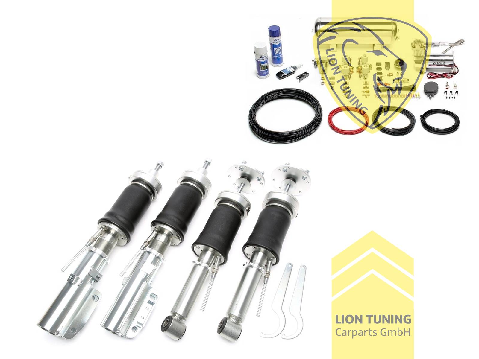 nicht passend für RS Modell Modelle mit 55mm Federbeindurchmesser, 11,5L Tank chrom / ViAir Kompressor chrom, fest, weiss, Stahl verzinkt, Eintragungspflichtig / Teilegutachten wird nach Kauf spezifisch ausgestellt