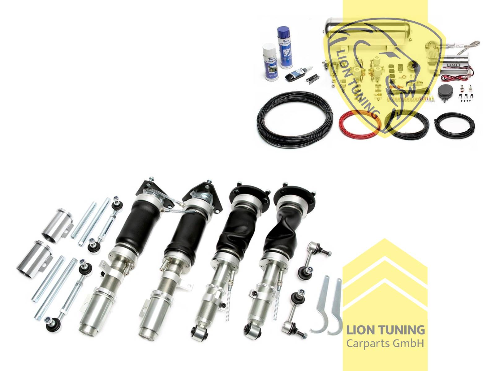 Nur passend für Modelle deren Federteller im OEM abnehmbar ist. Entsprechende Modifikation notwendig bei Modellen deren vorderes Federbein einen fest angeschweißten Federteller im Original haben., 11,5L Tank chrom / ViAir Kompressor chrom, fest, weiss, Federbeine werden mit zwei unterschiedlichen Dämpferaufnahmen angeliefert Ø 51,5mm oder 55mm, nicht passend für GT2 und GT3 Modelle, Stahl verzinkt, Eintragungspflichtig / Teilegutachten wird nach Kauf spezifisch ausgestellt