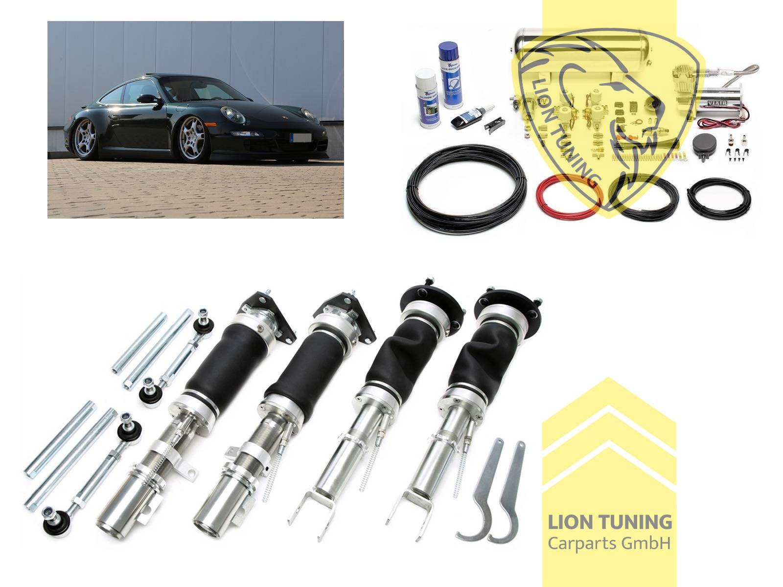 bei Modellen mit PASM - Porsche Active Suspension Management muss dies stillgelegt werden !!, 11,5L Tank chrom / ViAir Kompressor chrom, fest, weiss, nicht passend für GT2 und GT3 Modelle, Stahl verzinkt, Eintragungspflichtig / Teilegutachten wird nach Kauf spezifisch ausgestellt