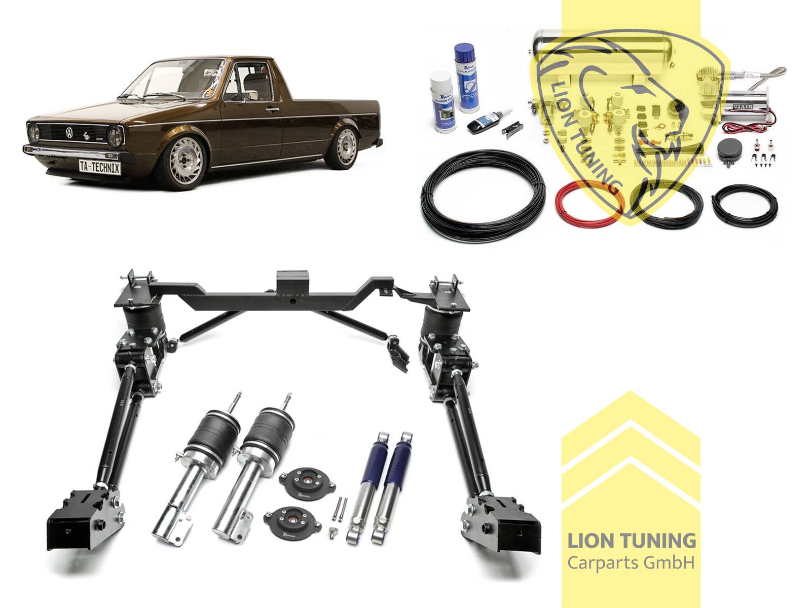 nur passend bis Fahrgestellnummer 14-G-020 000, 11,5L Tank chrom / ViAir Kompressor chrom, Zug- und Druckstufe gleichzeitig einstellbar, weiss, ohne lastabhängigen Bremskraft (ALB) Regler, Stahl verzinkt, Eintragungspflichtig / Teilegutachten wird nach Kauf spezifisch ausgestellt