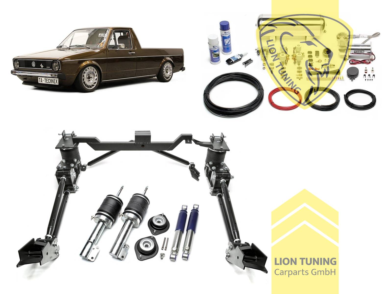 nur passend  ab Fahrgestellnummer 14-H-000 001, 11,5L Tank chrom / ViAir Kompressor chrom, Zug- und Druckstufe gleichzeitig einstellbar, weiss, ohne lastabhängigen Bremskraft (ALB) Regler, Stahl verzinkt, Eintragungspflichtig / Teilegutachten wird nach Kauf spezifisch ausgestellt