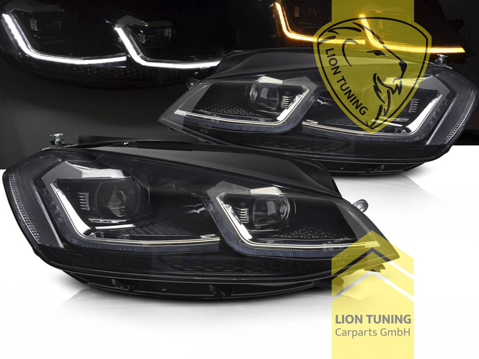 Halogen, LED, dynamischer LED Blinker, schwarz, mit chrom Leiste, Abblendlicht H7 / Fernlicht H7, zusätzlich LED Fernlicht, elektrisch verstellbar - Stellmotor integriert, Eintragungsfrei / mit E-Prüfzeichen, Eintragungsfrei / mit R87 Zulassung als Tagfahrlicht