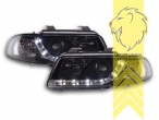 Halogen, schwarz, Abblendlicht H1 / Fernlicht H1, Blinkerbirnen BAU15S, elektrisch verstellbar - Stellmotor wird vom Original übernommen, Eintragungsfrei / mit E-Prüfzeichen, Eintragungsfrei / mit R87 Zulassung als Tagfahrlicht