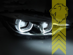 LED, mit LED Blinker, schwarz, nur passend für Fahrzeuge mit original Halogen Scheinwerfern, LED Abblendlicht / LED Fernlicht, elektrisch verstellbar - Stellmotor integriert, Eintragungsfrei / mit E-Prüfzeichen, Eintragungsfrei / mit R87 Zulassung als Tagfahrlicht