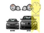 Halogen, chrom, weiß LED, Abblendlicht H1 / Fernlicht H1, Blinkerbirnen BAU15S, pneumatische Verstellung - wie Original, Eintragungsfrei / mit E-Prüfzeichen