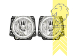 Halogen, chrom, gelb Halogen, Abblendlicht und Fernlicht H4, elektrisch verstellbar - Stellmotor wird vom Original übernommen, Eintragungsfrei / mit E-Prüfzeichen