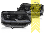 LED, mit LED Blinker, dynamischer LED Blinker, schwarz, nur passend für Fahrzeuge mit original Halogen Scheinwerfern, mit Welcome Funktion, LED Abblendlicht / LED Fernlicht, elektrisch verstellbar - Stellmotor integriert, Eintragungsfrei / mit E-Prüfzeichen, Eintragungsfrei / mit R87 Zulassung als Tagfahrlicht