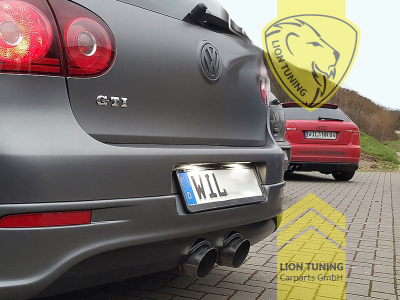 2 x 96mm rund / scharf / abgeschrägt, Endrohr doppel, 96mm, Rund, nicht passend für Variant, 4-Motion, nur mit R32 / R Heckansatz montierbar!, Edelstahl, Golf 6 (63 - 173KW), Golf 5 (55 - 169 KW), Eintragungsfrei / mit ABE