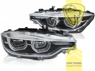 LED, mit LED Blinker, schwarz, nur passend für Fahrzeuge mit original Halogen Scheinwerfern, LED Abblendlicht / LED Fernlicht, elektrisch verstellbar - Stellmotor integriert, Eintragungsfrei / mit E-Prüfzeichen, Eintragungsfrei / mit R87 Zulassung als Tagfahrlicht