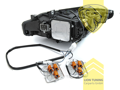LED, mit LED Blinker, schwarz, nur passend für Fahrzeuge mit original Halogen Scheinwerfern, LED Abblendlicht / LED Fernlicht, elektrisch verstellbar - Stellmotor integriert, Eintragungsfrei / mit E-Prüfzeichen, Eintragungsfrei / mit R87 Zulassung als Tagfahrlicht