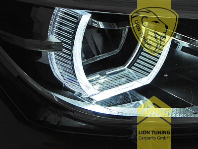 LED, mit LED Blinker, schwarz, nur passend für Fahrzeuge mit original Halogen Scheinwerfern, LED Abblendlicht / LED Fernlicht, elektrisch verstellbar - Stellmotor integriert, Eintragungsfrei / mit E-Prüfzeichen, Eintragungsfrei / mit R87 Zulassung als Tagfahrlicht