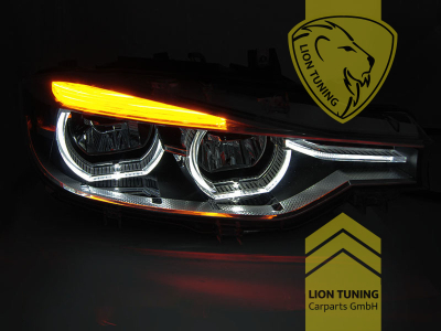 LED, mit LED Blinker, schwarz, nur passend für Fahrzeuge mit original Halogen Scheinwerfern, LED Abblendlicht / LED Fernlicht, elektrisch verstellbar - Stellmotor integriert, Eintragungsfrei / mit E-Prüfzeichen, Eintragungsfrei / mit R87 Zulassung als Tagfahrlicht