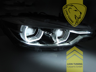 LED, mit LED Blinker, schwarz, nur passend für Fahrzeuge mit original Halogen Scheinwerfern, LED Abblendlicht / LED Fernlicht, elektrisch verstellbar - Stellmotor integriert, Eintragungsfrei / mit E-Prüfzeichen, Eintragungsfrei / mit R87 Zulassung als Tagfahrlicht